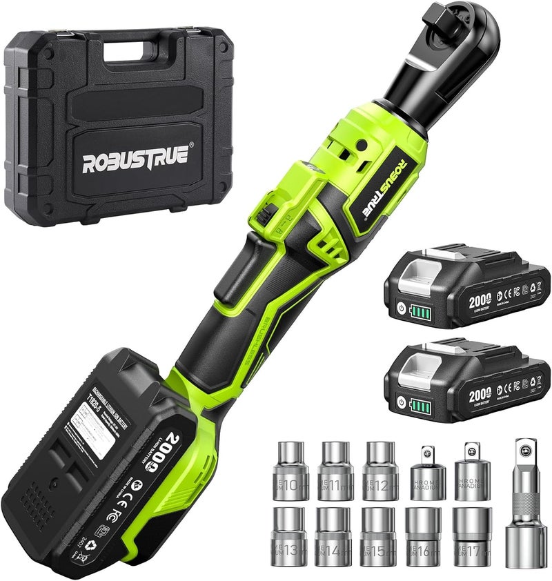 Robustrue 1/2" Electric Ratchet Wrench: 66Ft-lbs/400 RPM Variable Speed Cordless Power Ratchet Kit with 2x2000mAh Li-Ion Batteries, 8 Sockets, 1/4" and 3/8" Adapters, 3" Extension Bar for Auto Repair - Image 1